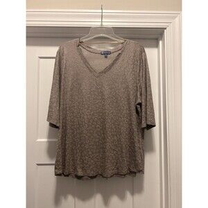 Democracy Tan Beige Leopard Print V-Neck Top Linen Blend Knit Taupe Size XL